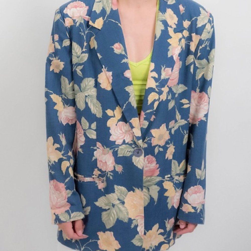 Leslie Fay Vintage "80's" Blue Floral Chambray 1 button blazer, size 12